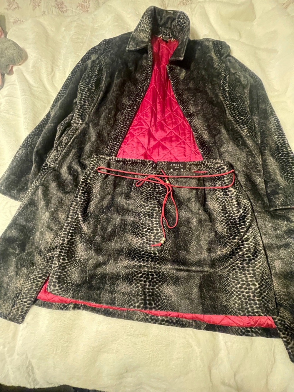 Guess Black Faux-Snake Trench Coat with Red Quilted Lining